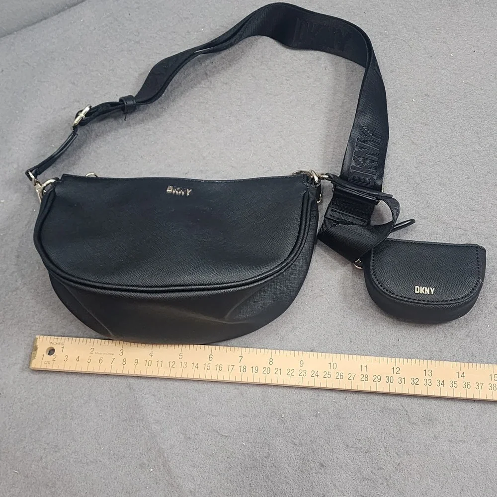 DKNY Crossbody Bag Black Saffiano Leather Logo Strap Coin Purse Womens Small
